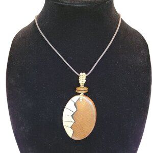 Handmade Artistic Wooden Pendant Necklace on Brown Leather Cord